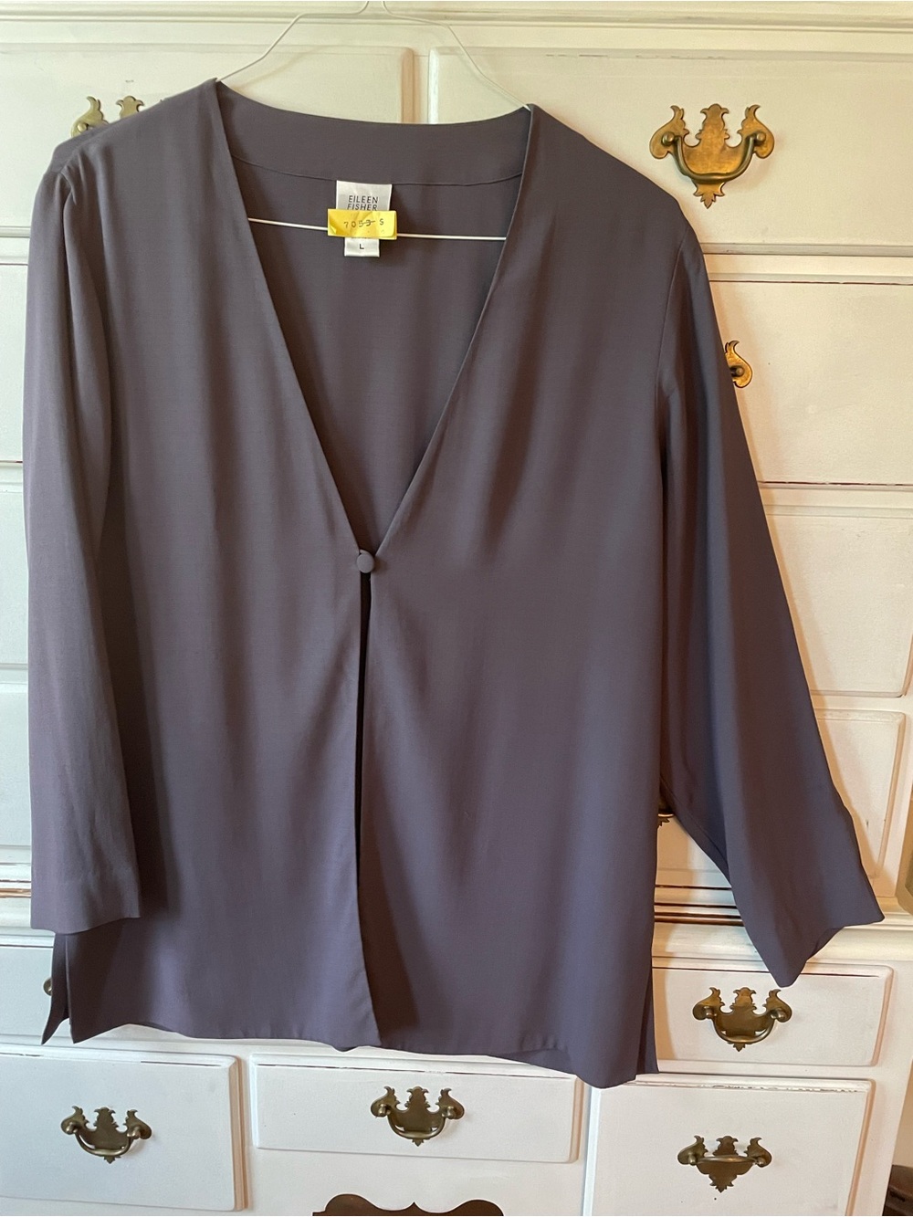 Eileen Fisher muted dark purple V-Neck one Button Front Women's cardigan jacket